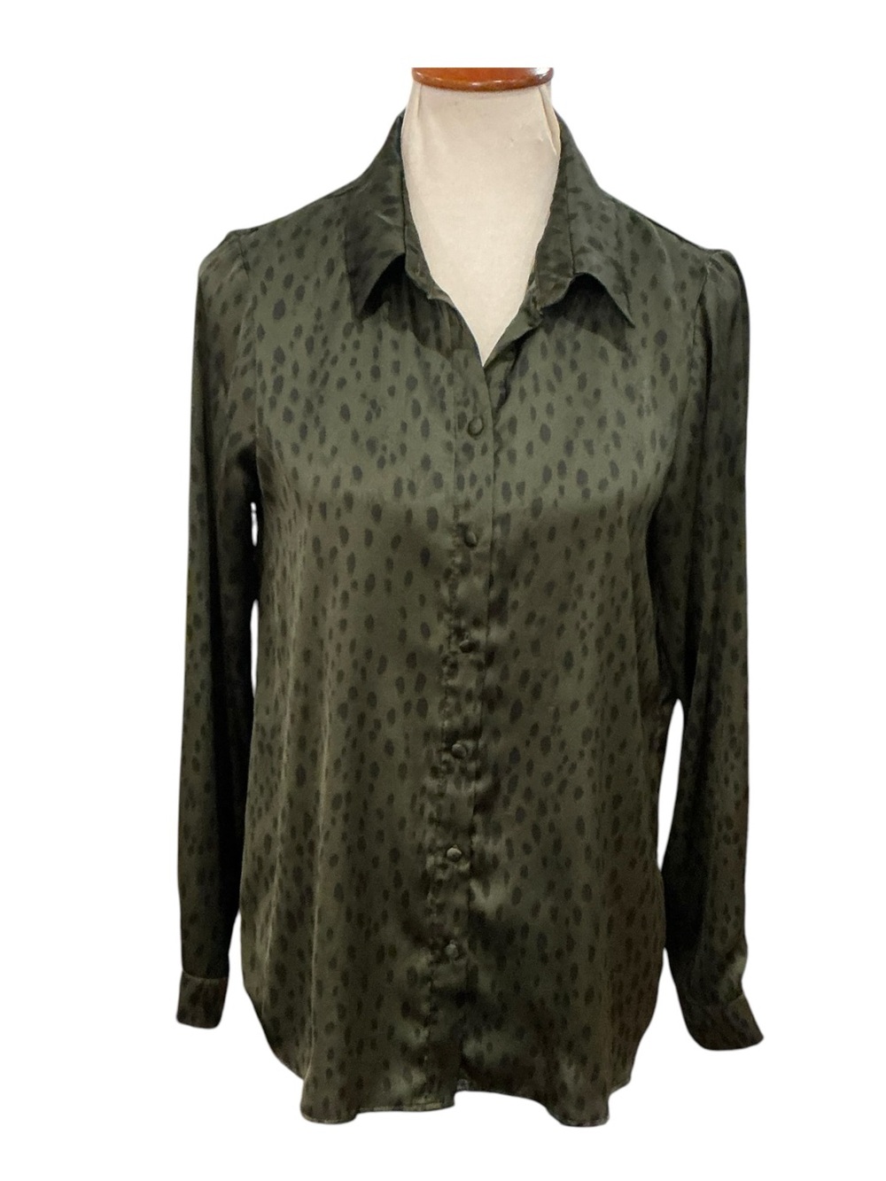 Zara Olive Green Satin Button-Down Shirt Sz M
